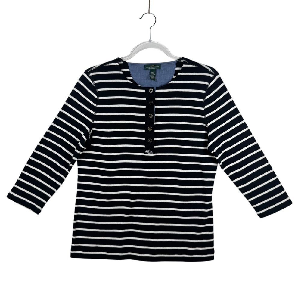 Lauren Jeans Breton Stripe Henley Shirt 3/4 Sleeve Top Preppy Black White L READ
